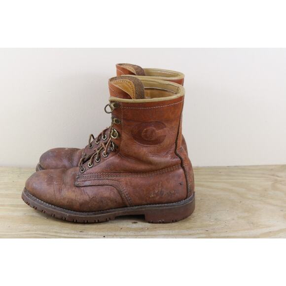 Chippewa Boots Mens 8D Brown Leather Vibram Steel Toe Work Boot Vintage USA - Picture 1 of 13